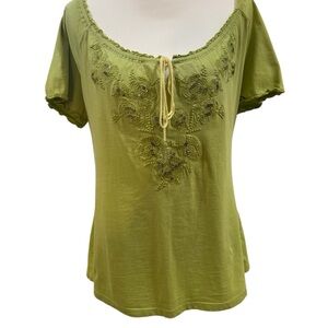 JM Collection pale green embroidered scoop neck top, silver accents, ruffles, S.